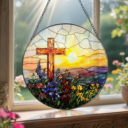 8 Inch Cross Sunset Suncatchers for Windows Hanging, Indoor Decor 8 Inch, Stained Glass Gift