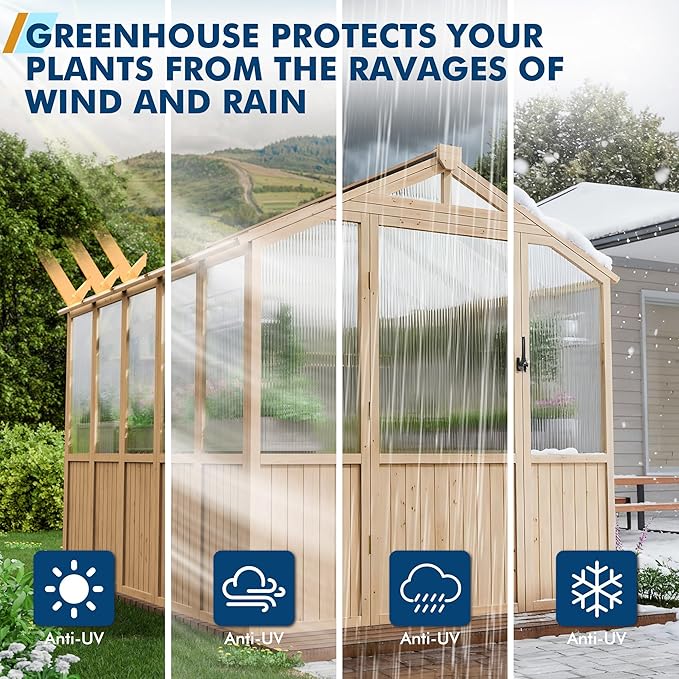 Restland 6x8 FT Wood Greenhouse with Shelves Reinforced Frame Walk-in Greenhouses with Adjustable
