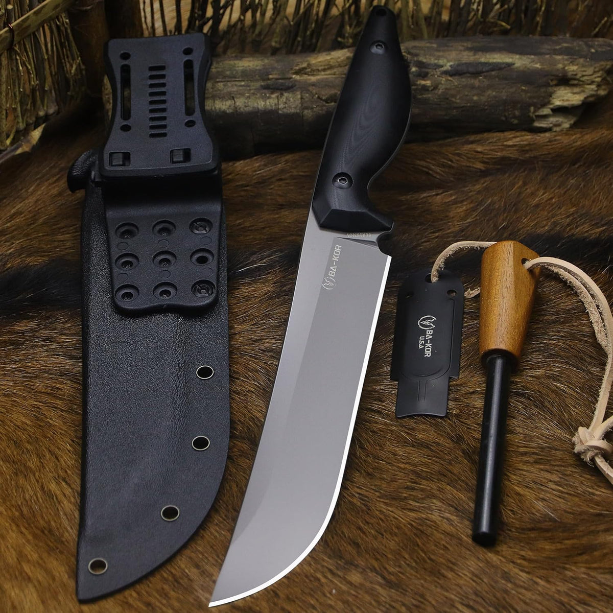 BA-KOR 5MM (9CR18MOV) steel 12.8'' full tang camping knife +K sheathing &5.9" cerium igniter can be
