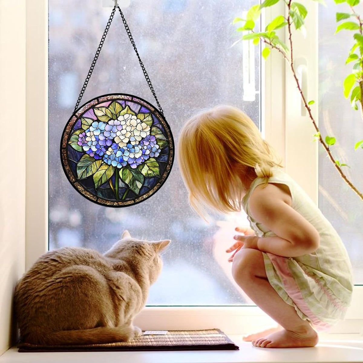 Stained Glass Window Hanging, Hydrangea Flowers Sun Catchers Diamond Glass Panel Hangings Plant