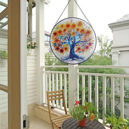 Tree of Life Stained Glass Window Hanging, Sunflower Tree Sun Catchers Indoor Window, 9.8''