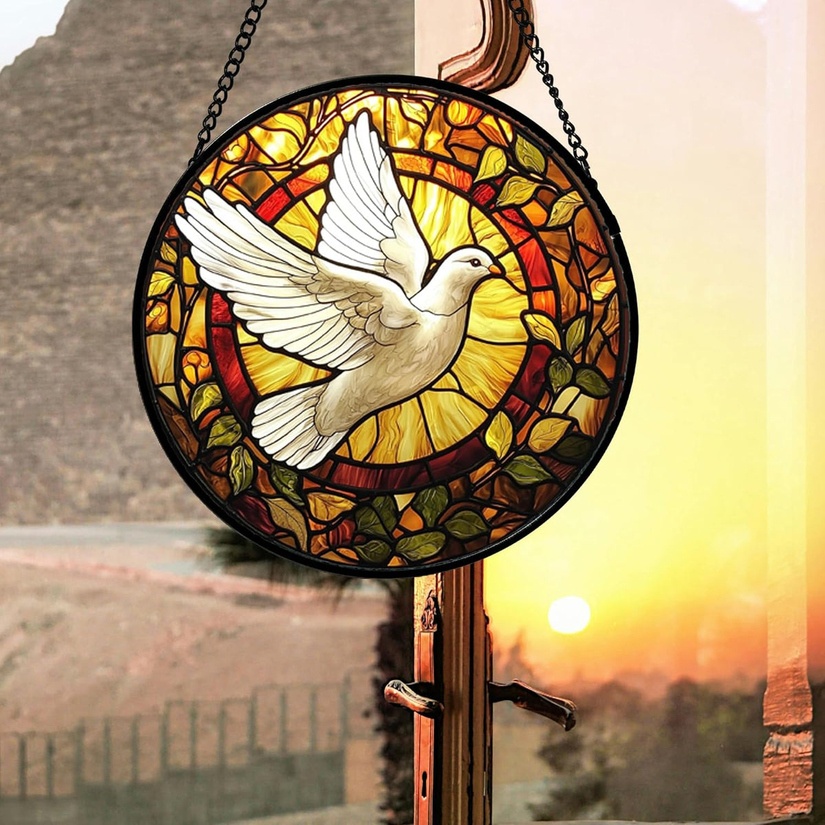 Stained Glass Window Hanging, Flying White Dove Sun Catchers Diamond Glass Panel Hangings Cute