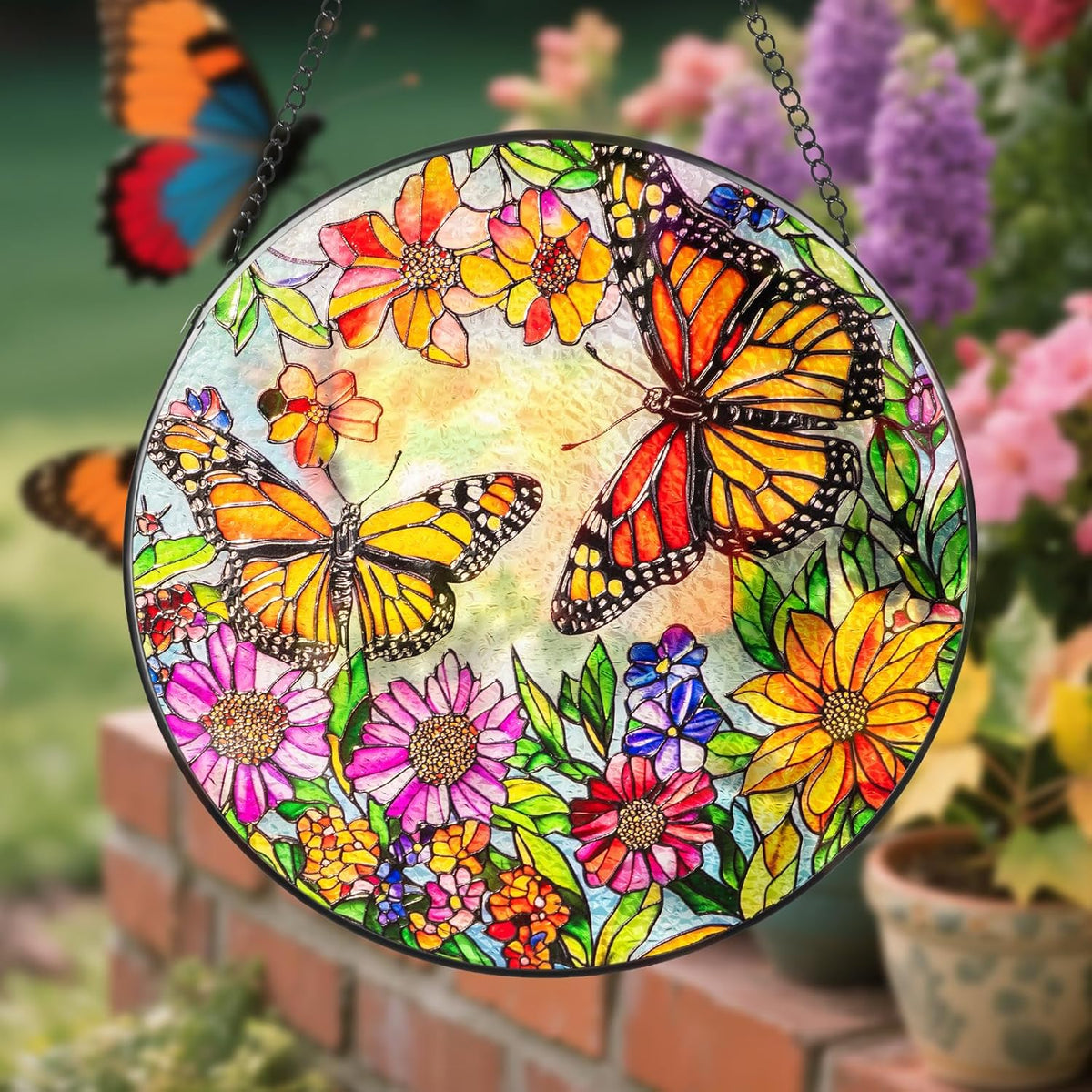 Suncatcher Stained Glass Window Hanging - Butterfly Glass Panel with Metal Chain and Hooks Handmade