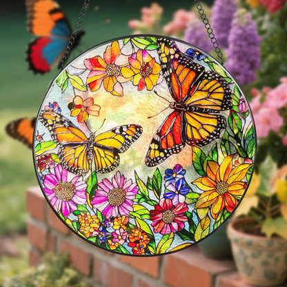 Suncatcher Stained Glass Window Hanging - Butterfly Glass Panel with Metal Chain and Hooks Handmade