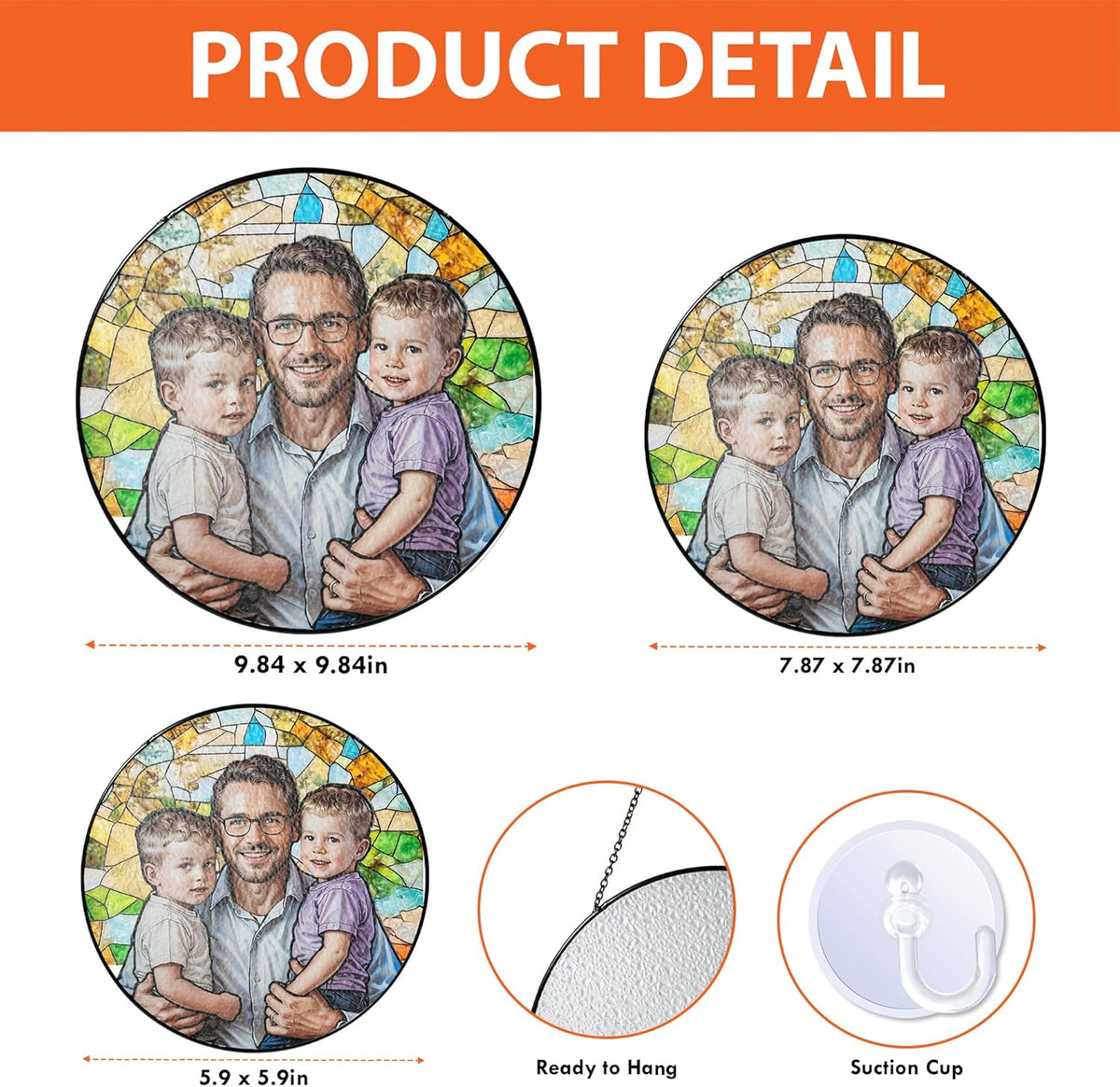 LOVELYPOD Personalized Dad Stained Glass Sun Catcher, Photo Family Portrait Faux Window Hanging