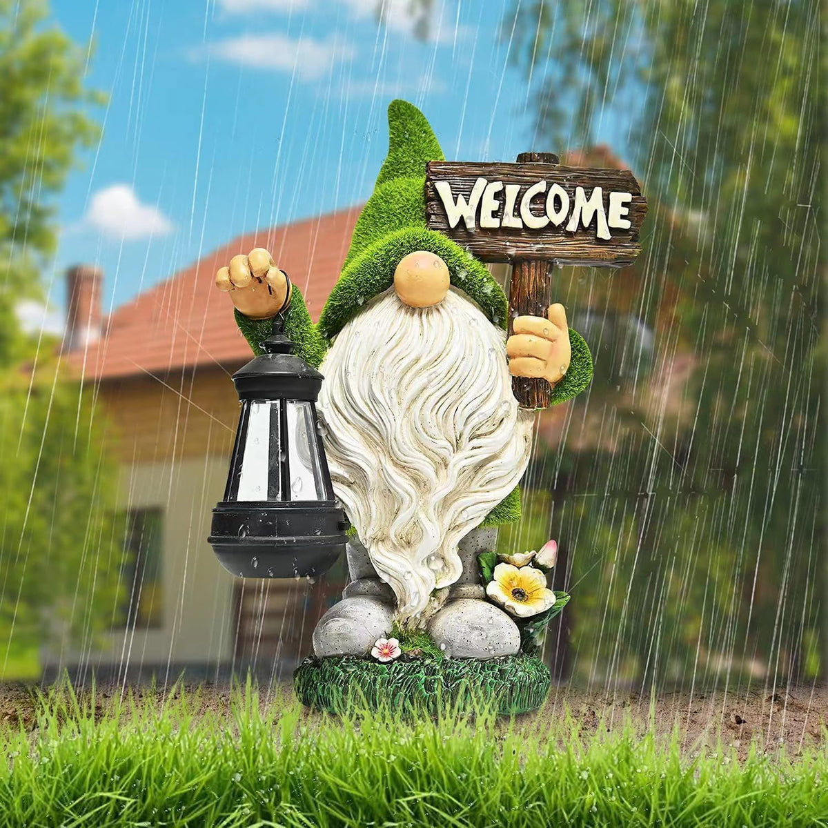 Garden Gnome Statue Outdoor Decor Large Flocked Resin Gnome Figurine with Solar Light Holding