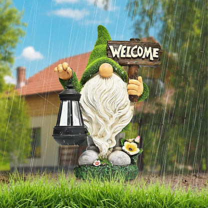 Garden Gnome Statue Outdoor Decor Large Flocked Resin Gnome Figurine with Solar Light Holding