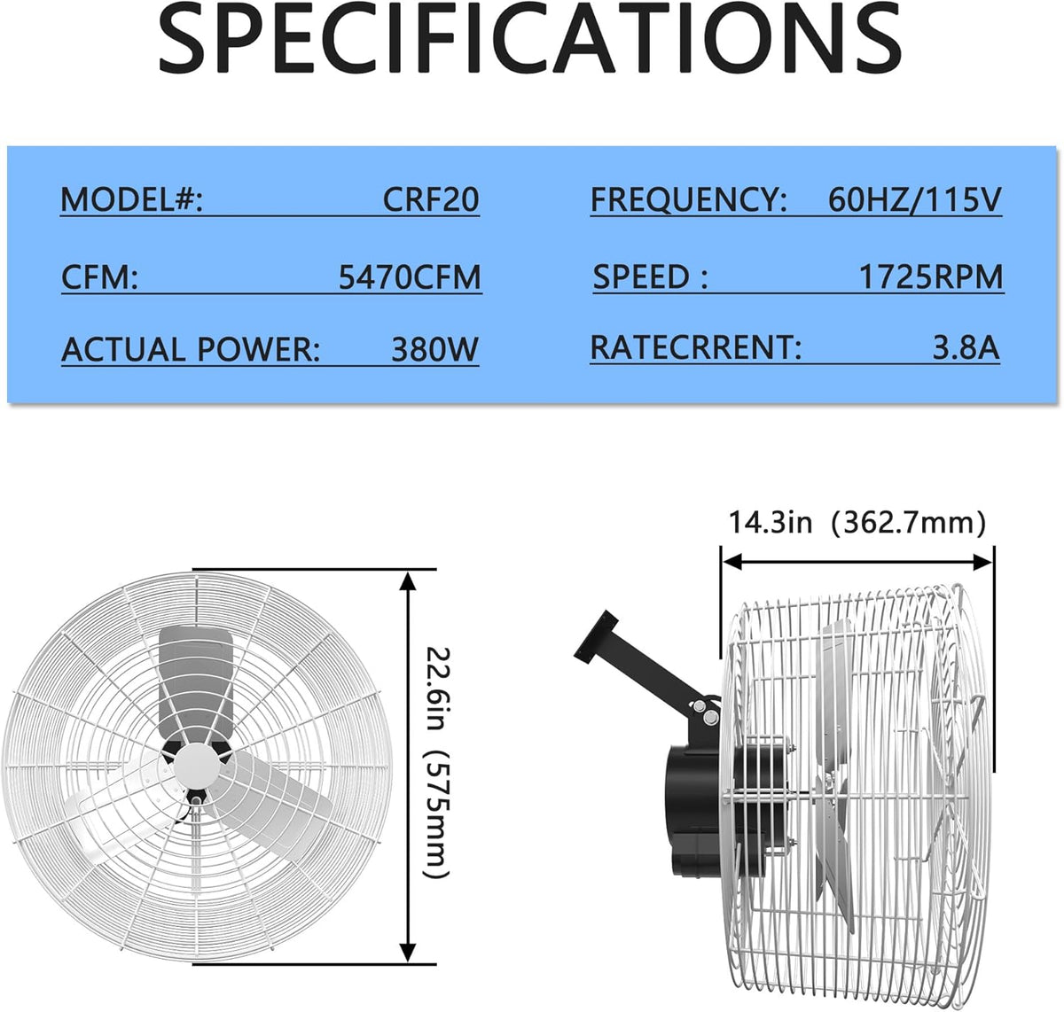 Greenhouse Air Circulation 1/3 HP 115V Ceiling Wall Mount Fan 5470CFM High Speed Circulation Fan