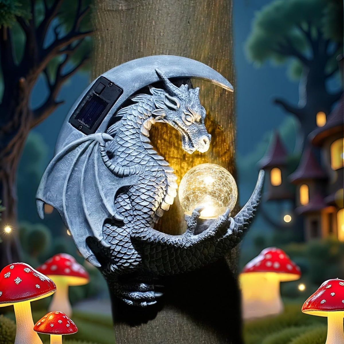 Dragon Tree Hugger Solar Magic Orb Garden Statue Dragon Solar LED Lights Decor Sun Moom for Your