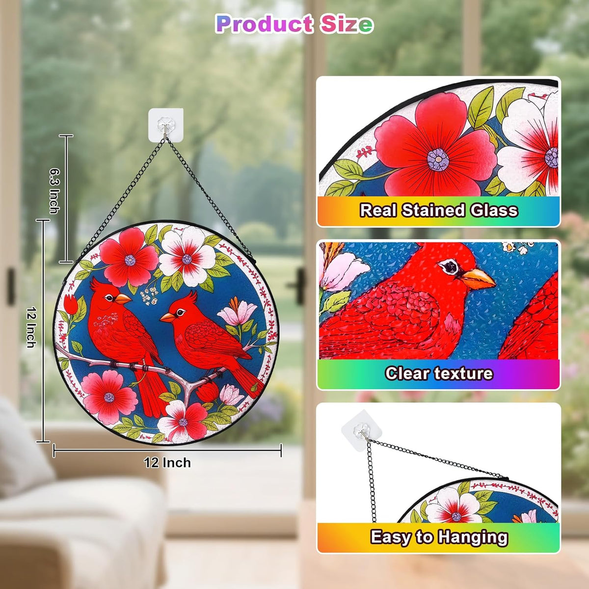 Stained Glass Window Hanging - Cardinal Stained Glass Suncatcher, Cardinal Gifts for Women-Red Bird
