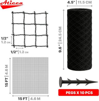 Heavy Duty Bird Netting for Garden Protection & Fruit Trees, 15x15 Ft with 10 Stakes – Black