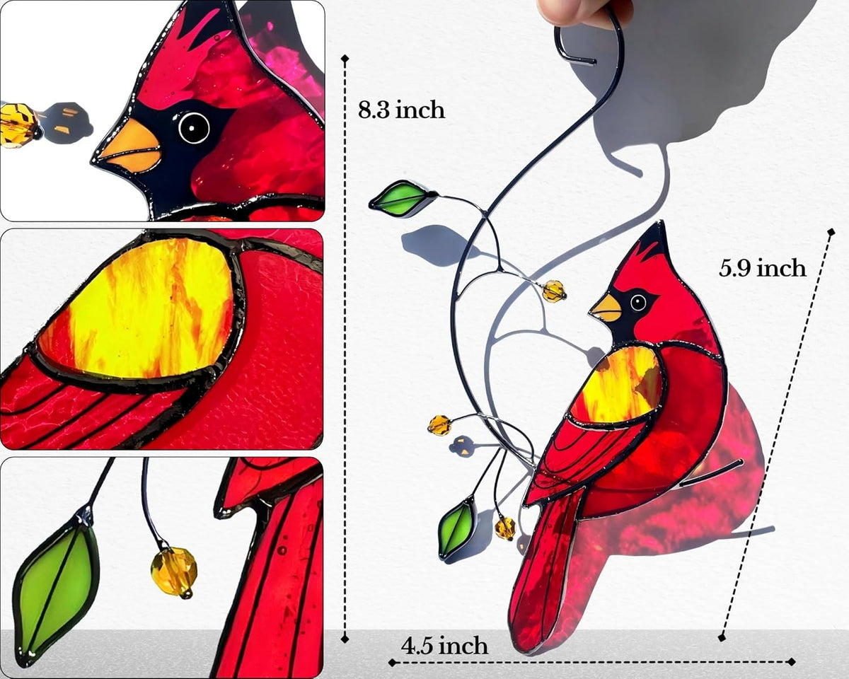 Red Cardinal Stained Glass Bird Suncatcher for Mom, Grandma, Women - Real Glass Window Hanging