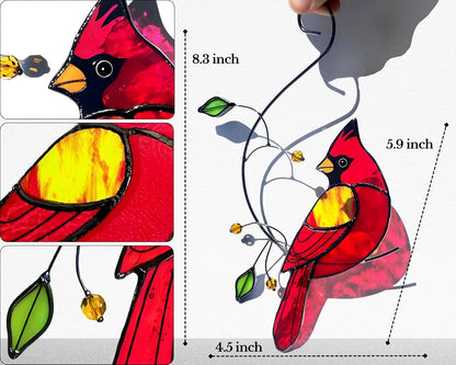 Red Cardinal Stained Glass Bird Suncatcher for Mom, Grandma, Women - Real Glass Window Hanging