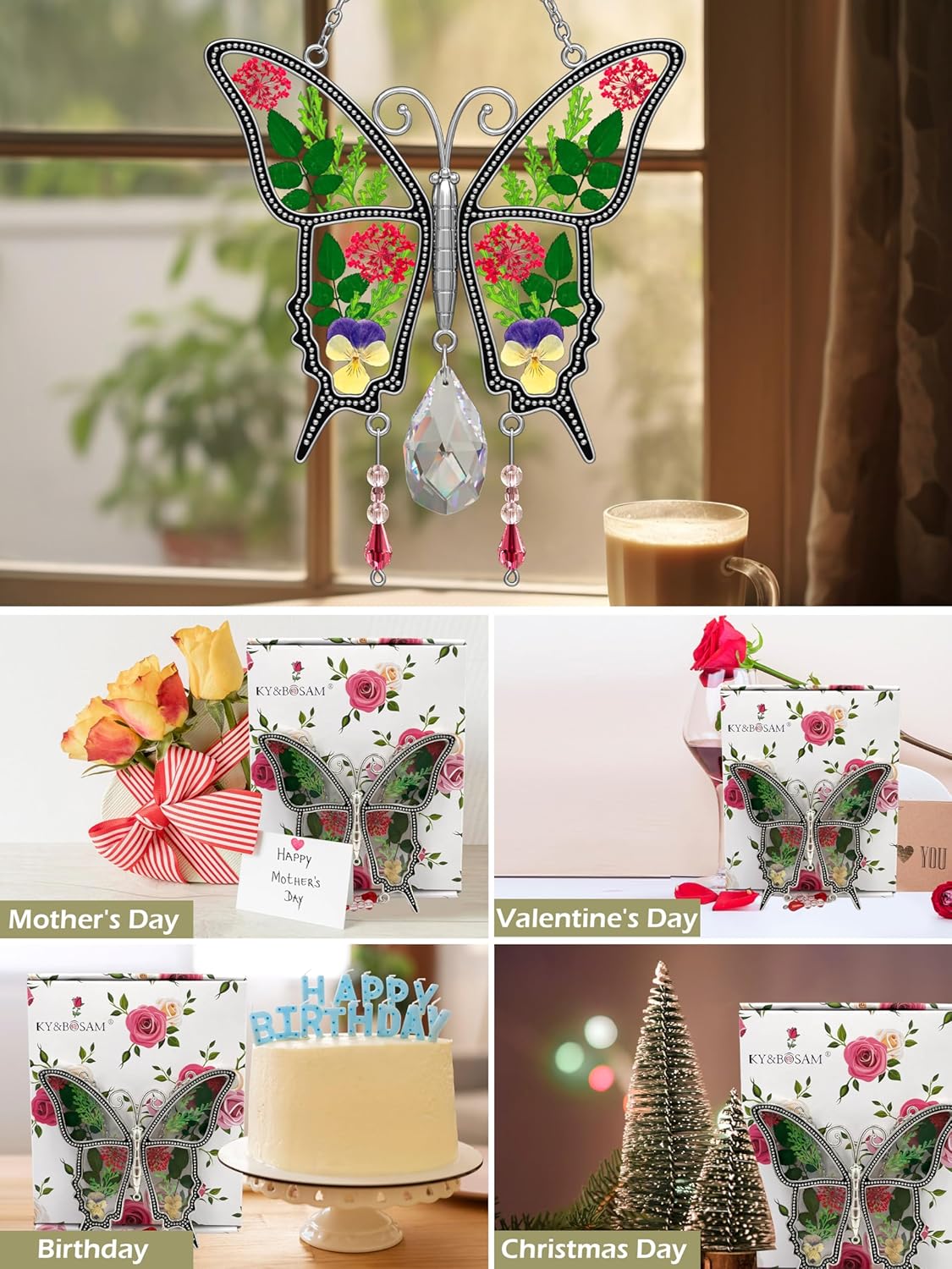 KY&BOSAM Butterfly Suncatcher for Windows Stained Glass Crystal Wind Chimes with Metal Charms