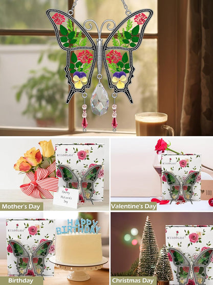 KY&BOSAM Butterfly Suncatcher for Windows Stained Glass Crystal Wind Chimes with Metal Charms