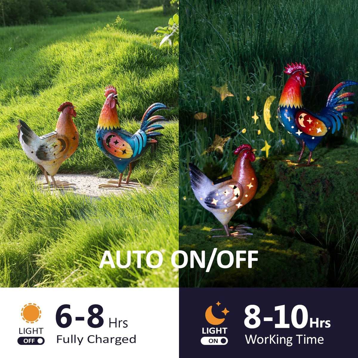 Natelf Solar Rooster Hen Yard Decorations Outdoor Metal Yard Decor Animal Chickens Yard Art for