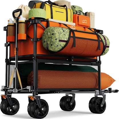 Foldable 50''L Extra Long Double Decker Wagon for Sport, 400L Collapsible Heavy Duty Wagon Cart