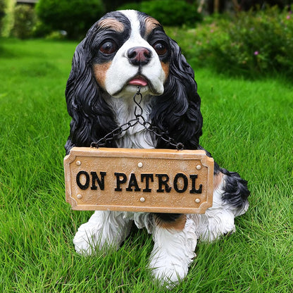 Cavalier King Charles Spaniel Outdoor Dog Statue with Reversible “Welcome/ON Patrol” Hanging Plaque