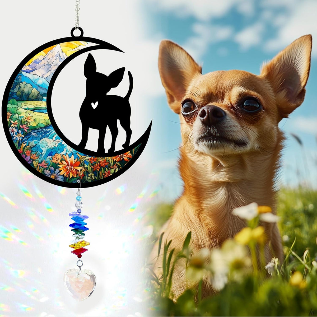 Chihuahua Suncatcher, Personalized Pet Loss Gift with Name & Date, Heart-Shaped Crystal Sun