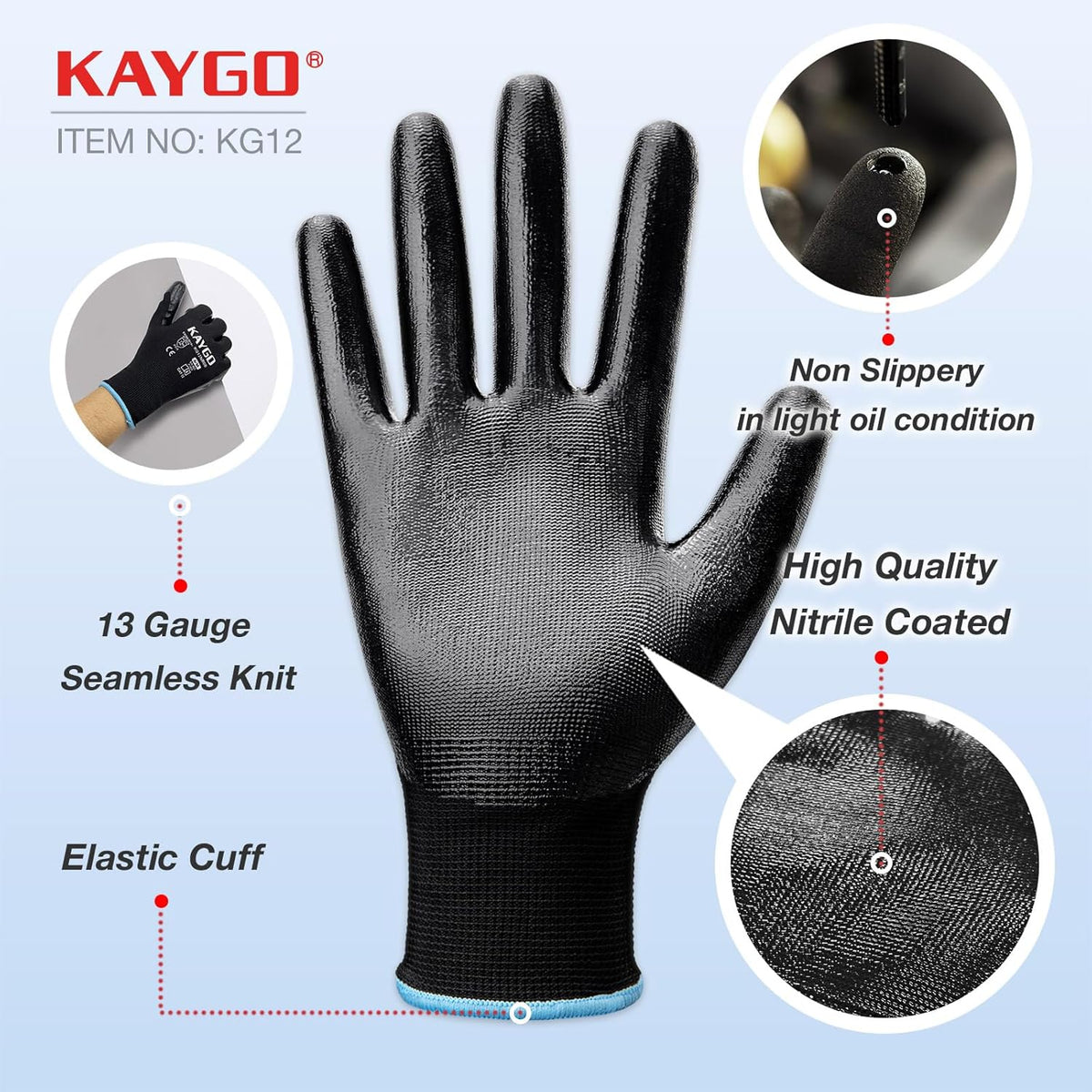 KAYGO Work Gloves Nitrile Coated, 12 Pairs KG12N，Seamless Knit, Protective Safety Work Gloves with