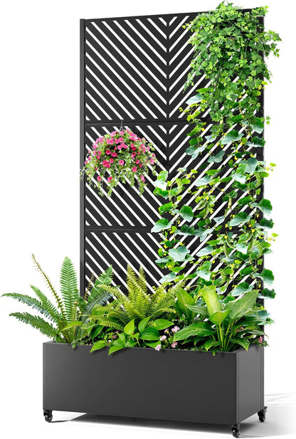 Metal Raised Garden Bed with Trellis, 2-in-1 Planter Box & Privacy Screen for Climbing Plants