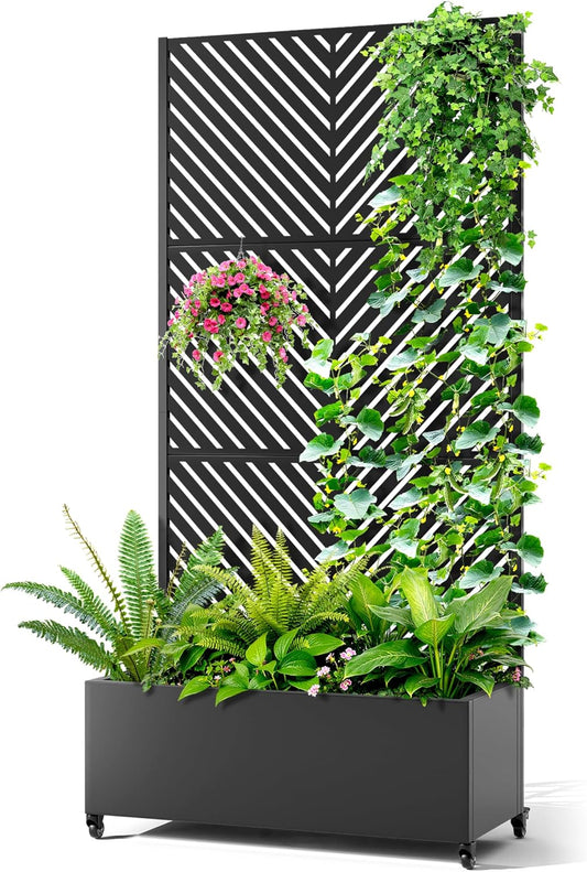 Metal Raised Garden Bed with Trellis, 2-in-1 Planter Box & Privacy Screen for Climbing Plants