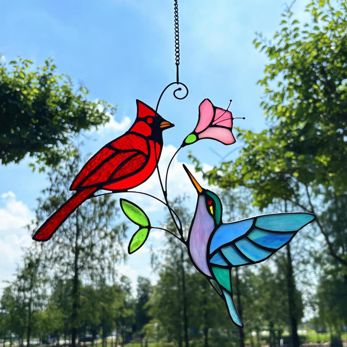 Stained Glass Red Cardinal with Hummingbird Suncatcher Window Hanging Ornament, Stain Glass Birds
