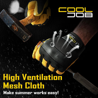 COOLJOB Breathable Mesh Cowhide Leather Work Gloves with Grip, Thorn Resistant Gloves for Gardening