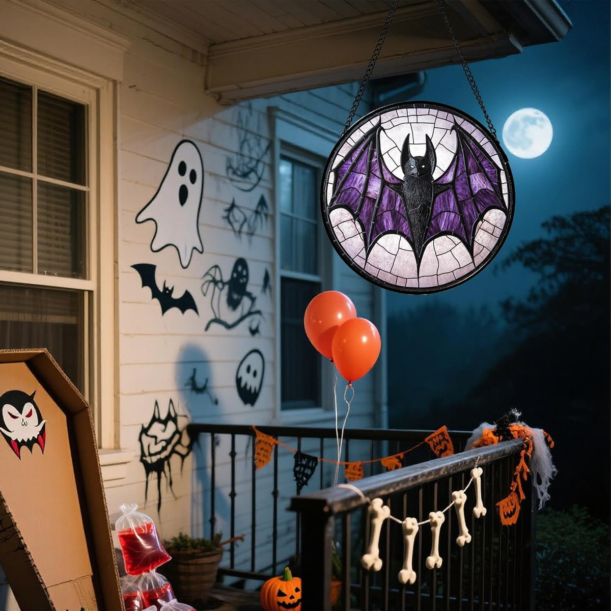 Stained Glass Window Hanging - Halloween Black Bat Purple Wings Monster Suncatcher for Doors Garden