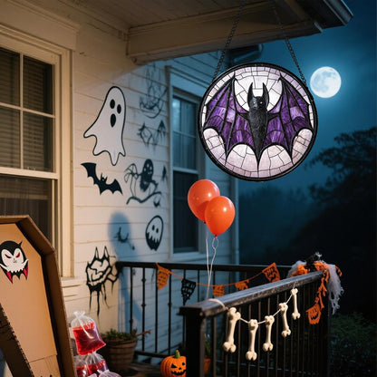 Stained Glass Window Hanging - Halloween Black Bat Purple Wings Monster Suncatcher for Doors Garden
