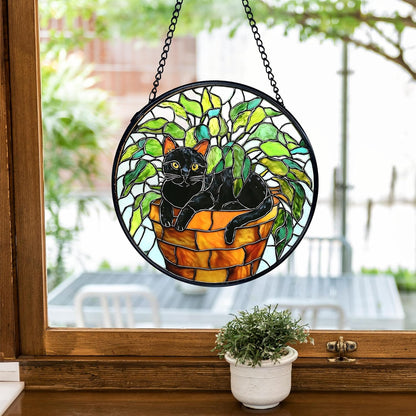 TNUW Black Cat Plant Stained Glass Window Hanging, Black Cat Botanical Sun Catchers Indoor Window