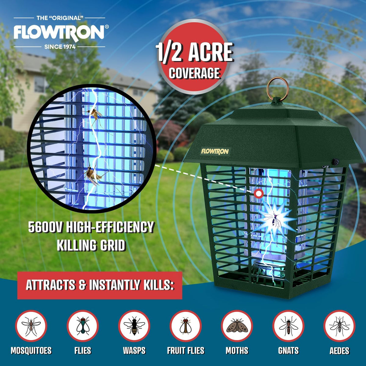 Flowtron Electric Bug Zapper 1/2 Acre Outdoor Insect Control with Dual Lure Method, 15W UV Light &