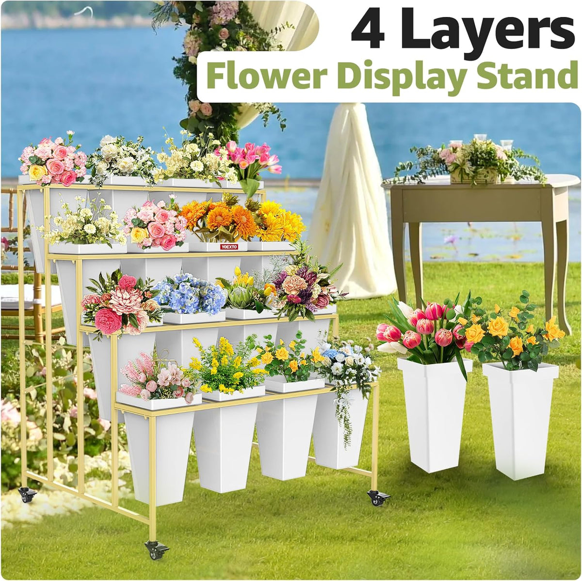 4 Layers Flower Display Stand with Buckets, 16 PCS Buckets Plant Stand with Wheels, Movable Metal