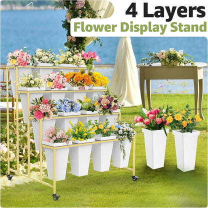 4 Layers Flower Display Stand with Buckets, 16 PCS Buckets Plant Stand with Wheels, Movable Metal