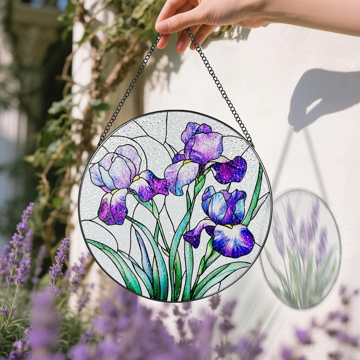 Stained Glass Window Hanging, 8 Inch Purple Irises Stained Glass Suncatcher, Flower Sun Catchers