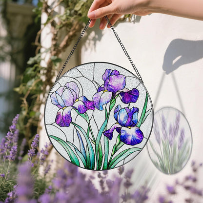 Stained Glass Window Hanging, 8 Inch Purple Irises Stained Glass Suncatcher, Flower Sun Catchers