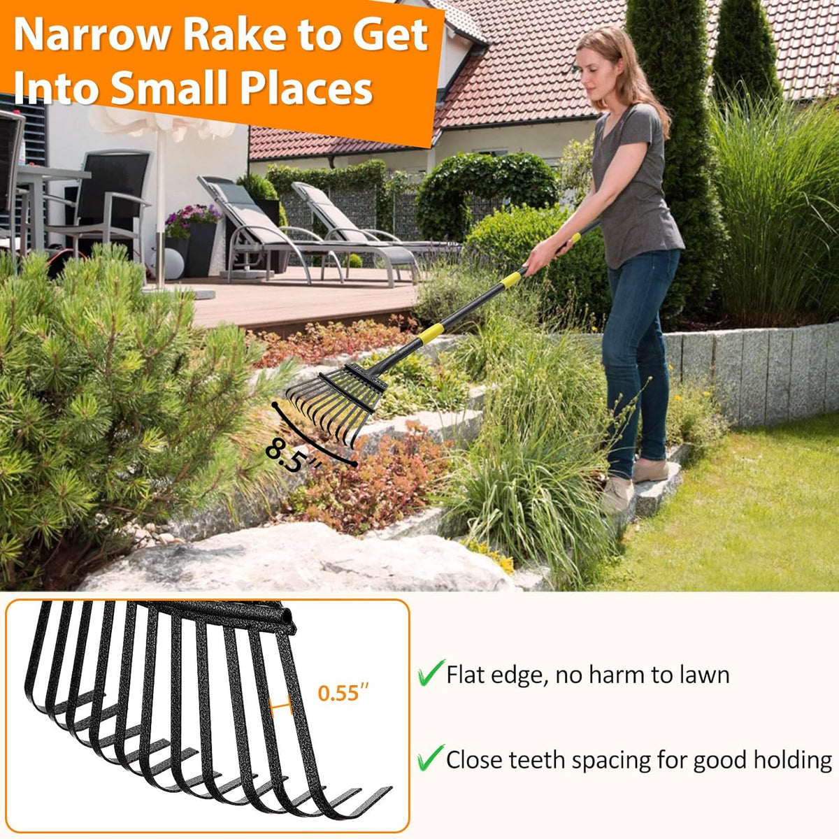 Garden Rake for Leaves, 65 inch Long Rake, 11 Tines Small Narrow Rake, Heavy Duty Metal Leaf Rakes