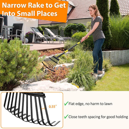 Garden Rake for Leaves, 65 inch Long Rake, 11 Tines Small Narrow Rake, Heavy Duty Metal Leaf Rakes