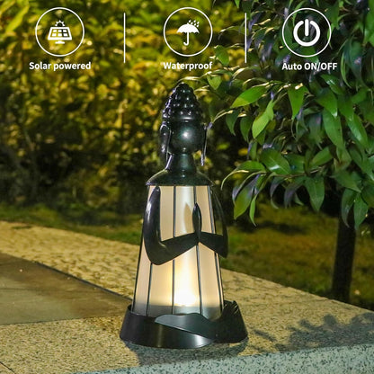 Solar Buddha Figurine Lights, Metal Buddha Statue Solar Lantern Outdoor Garden Statue with Led