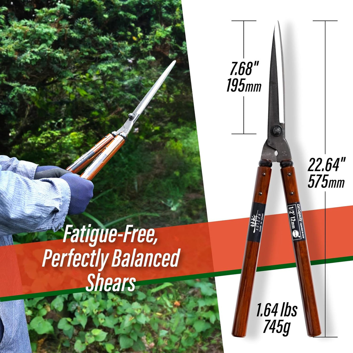 SUIZAN Hedge Shears 22.6" - Professional Japanese Garden Clippers for Precise Trimming Gardening
