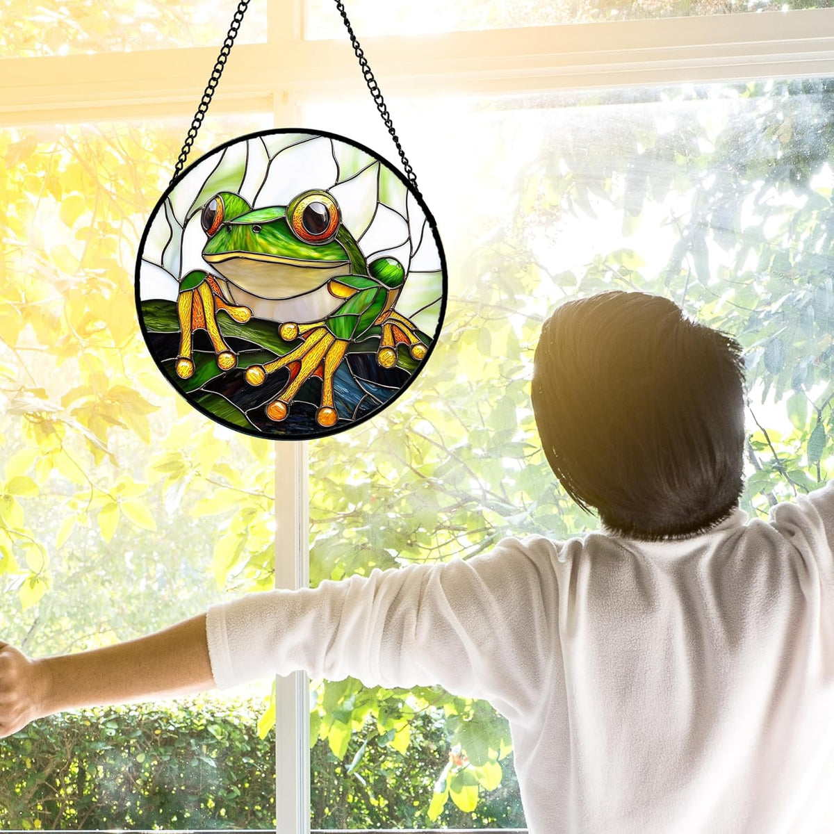 Stained Glass Window Hanging, Green Frog White Petals Sun Catchers Colorful Glass Panel Cute