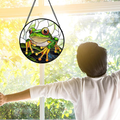 Stained Glass Window Hanging, Green Frog White Petals Sun Catchers Colorful Glass Panel Cute