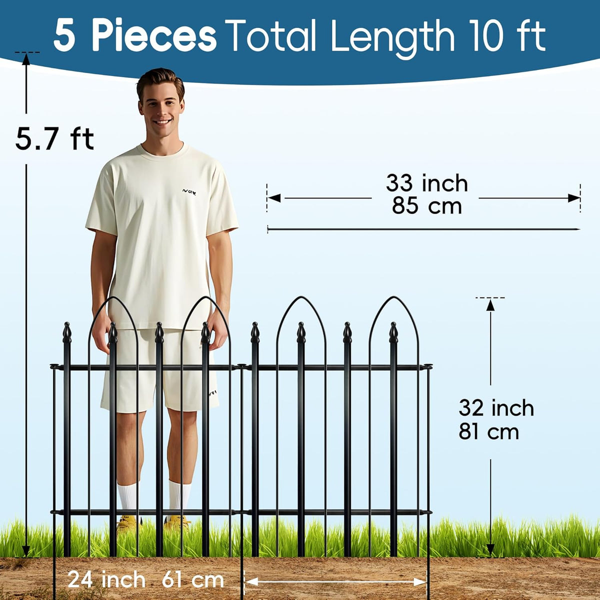 Garden Fence 32 inch H x 24 inch W (5 Panels, Total 10 feet), Metal Decorative Border Folding
