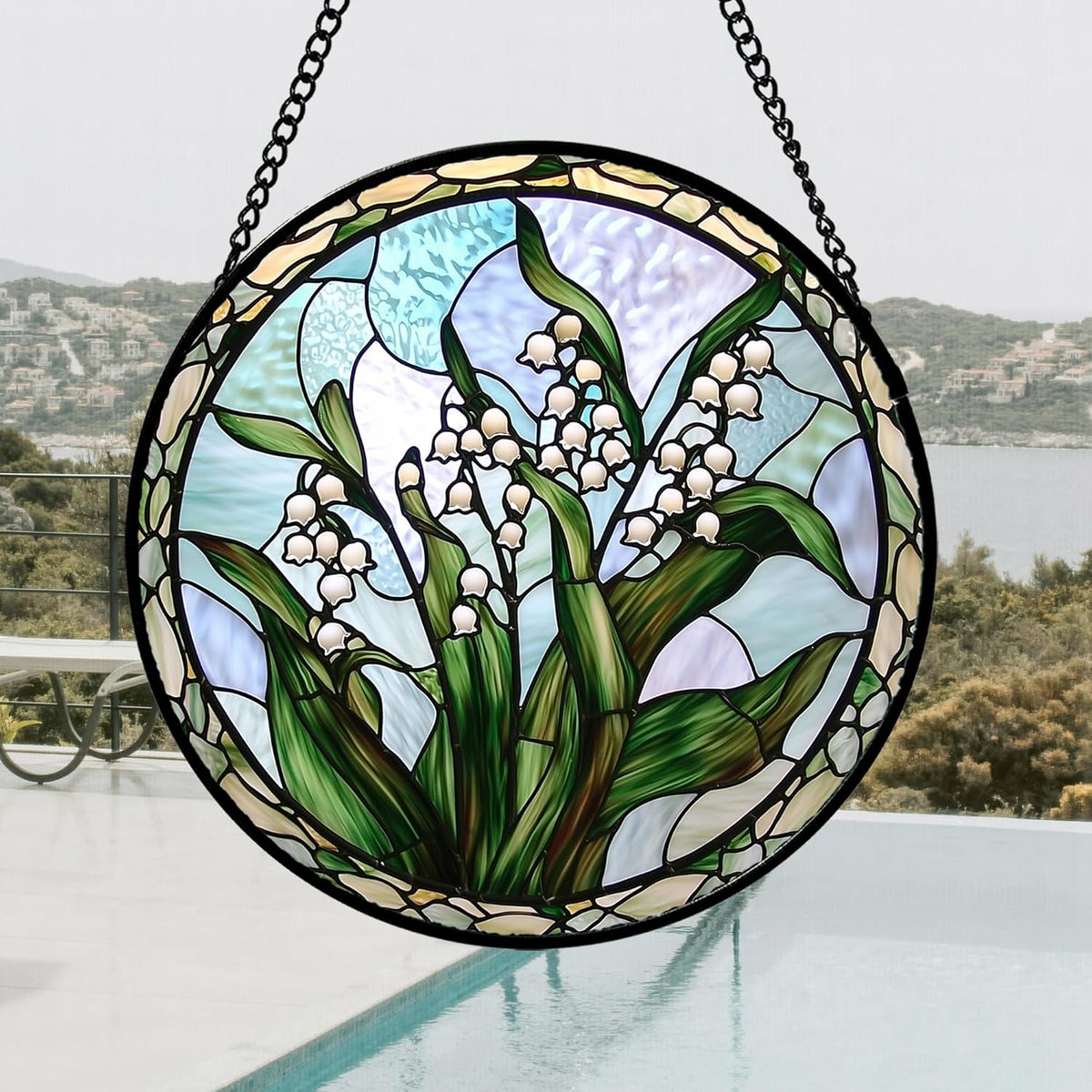 Stained Glass Window Hanging, White Green Lily of The Walley Flowers Sun Catcher for Door Home