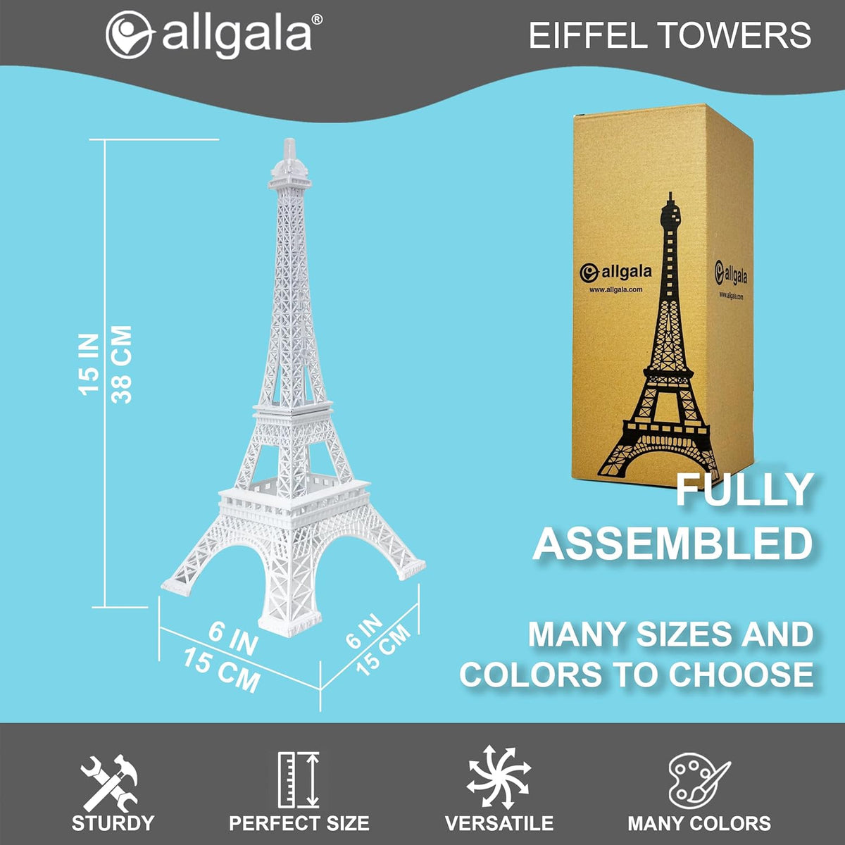 allgala 15" Eiffel Tower Statue Decor Alloy Metal, White