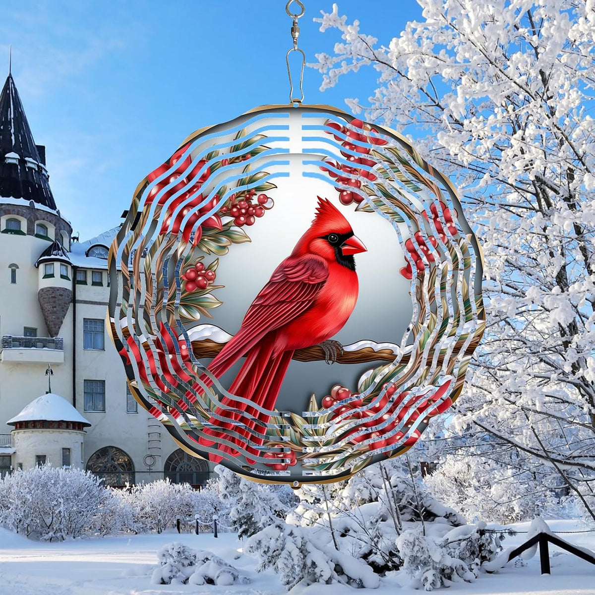 Cardinal Wind Spinner,3D Bird Spinners with Holly for Yard and Garden 3D Steel Wind Spinners