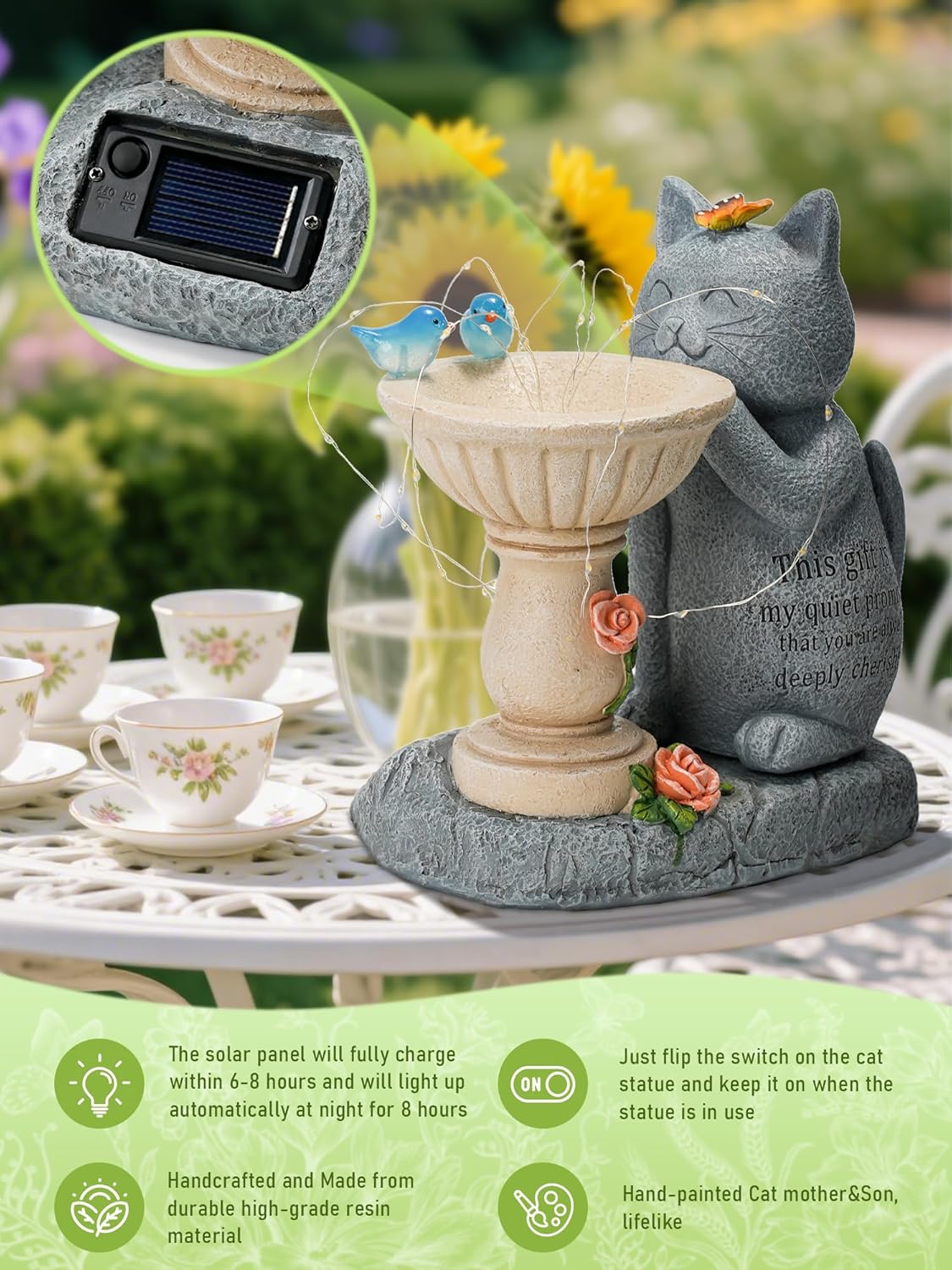 Garden Decor Cat Birdbath Statues, Solar Statues Decor with Butterfly Garden Decor for Home House