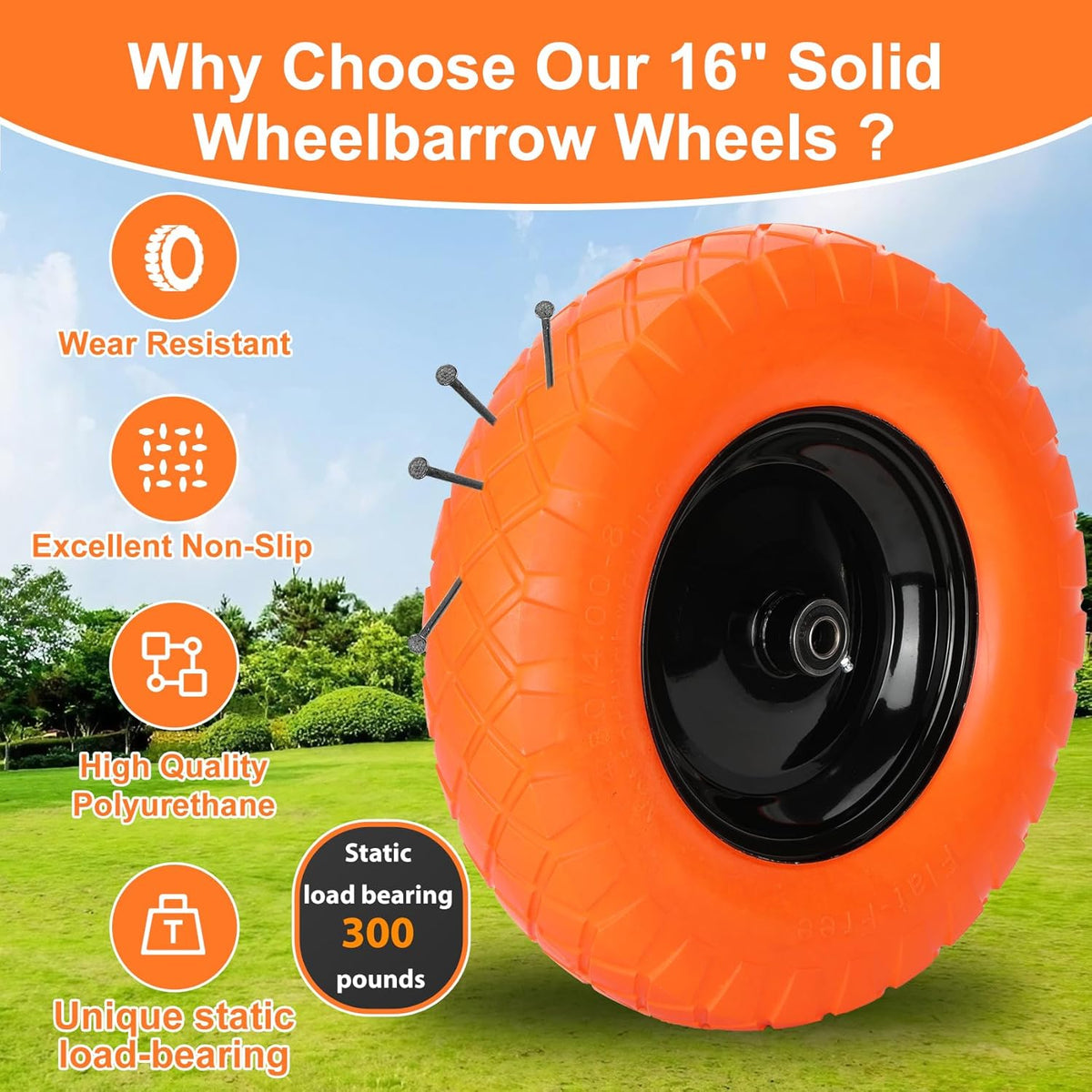Upgraded 16" Flat Free Wheelbarrow Wheels and Tires, 4.80/4.00-8 Solid Tires with 5/8"&3/4"