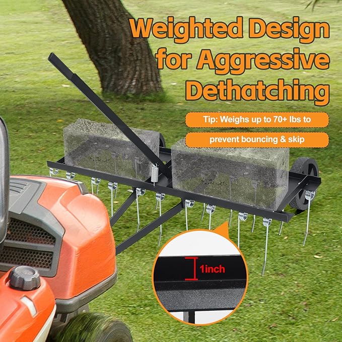 Tow Behind Dethatcher: 40inch Pull Behind Lawn Rake with 20 Spring Steel Tines Heavy Duty Lawn