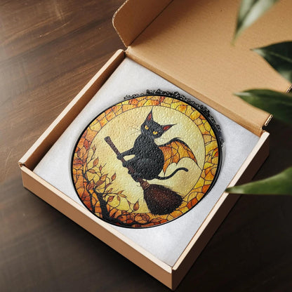 Black Cat Stained Glass Suncatcher, Halloween Cat Witch Window Hanging Decor, Pumpkin Spooky